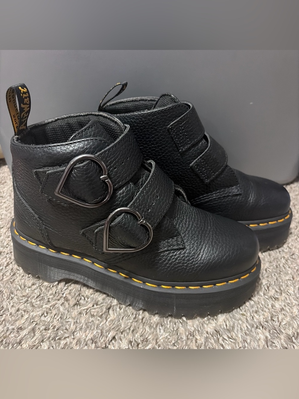 Dr. Martens Black Leather Heart-Buckle Boots